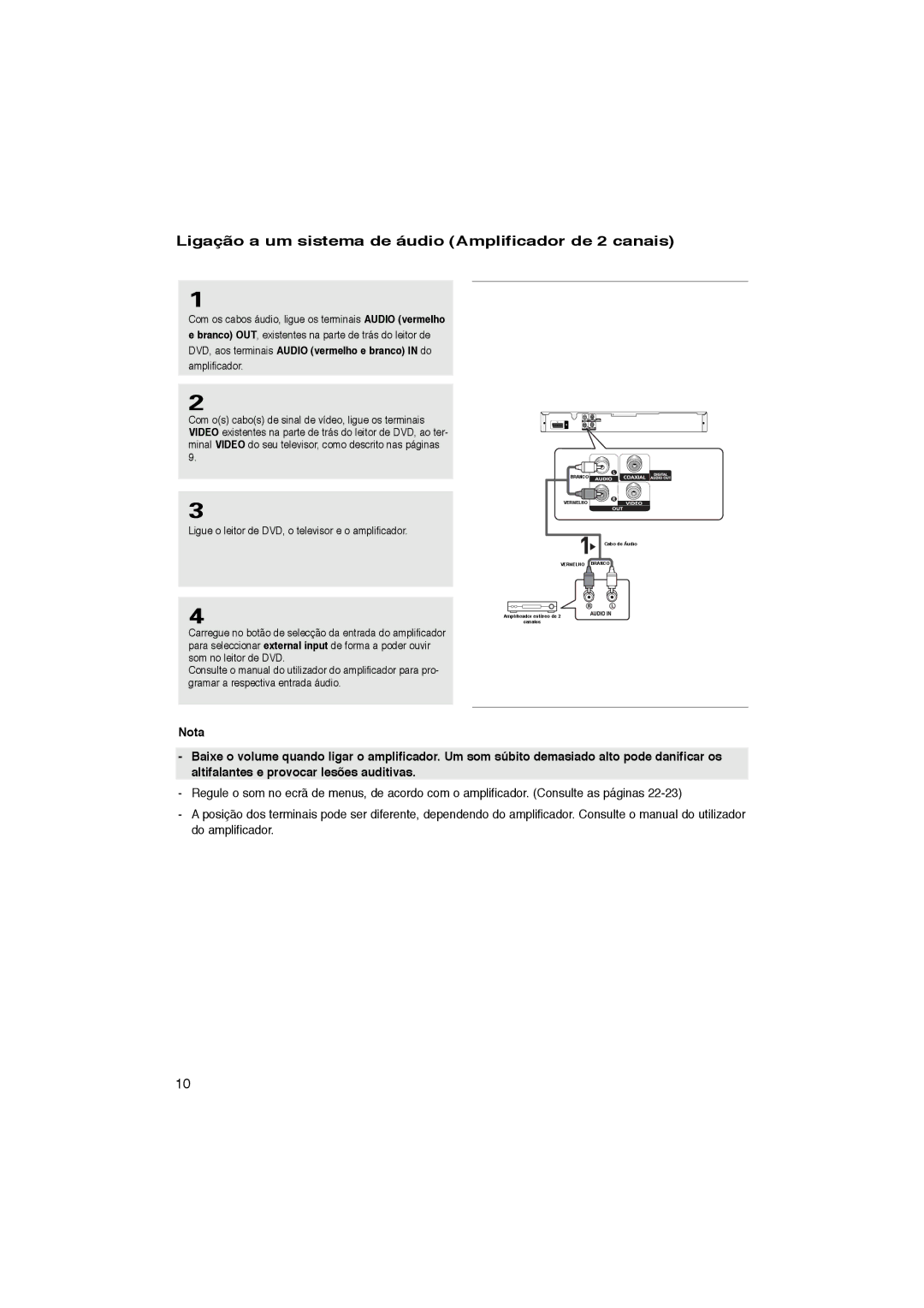 Samsung DVD-P181/EDC, DVD-P181/XEC, DVD-P181/MEA, DVD-P181/AFR manual Ligação a um sistema de áudio Amplificador de 2 canais 