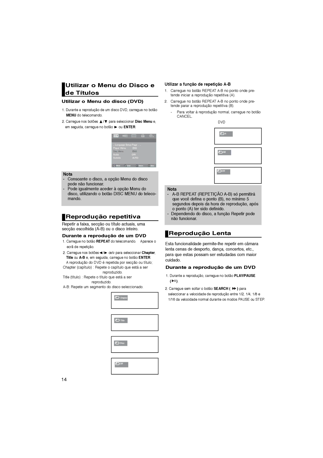 Samsung DVD-P181/EDC, DVD-P181/XEC manual Utilizar o Menu do Disco e de Títulos, Reprodução repetitiva, Reprodução Lenta 