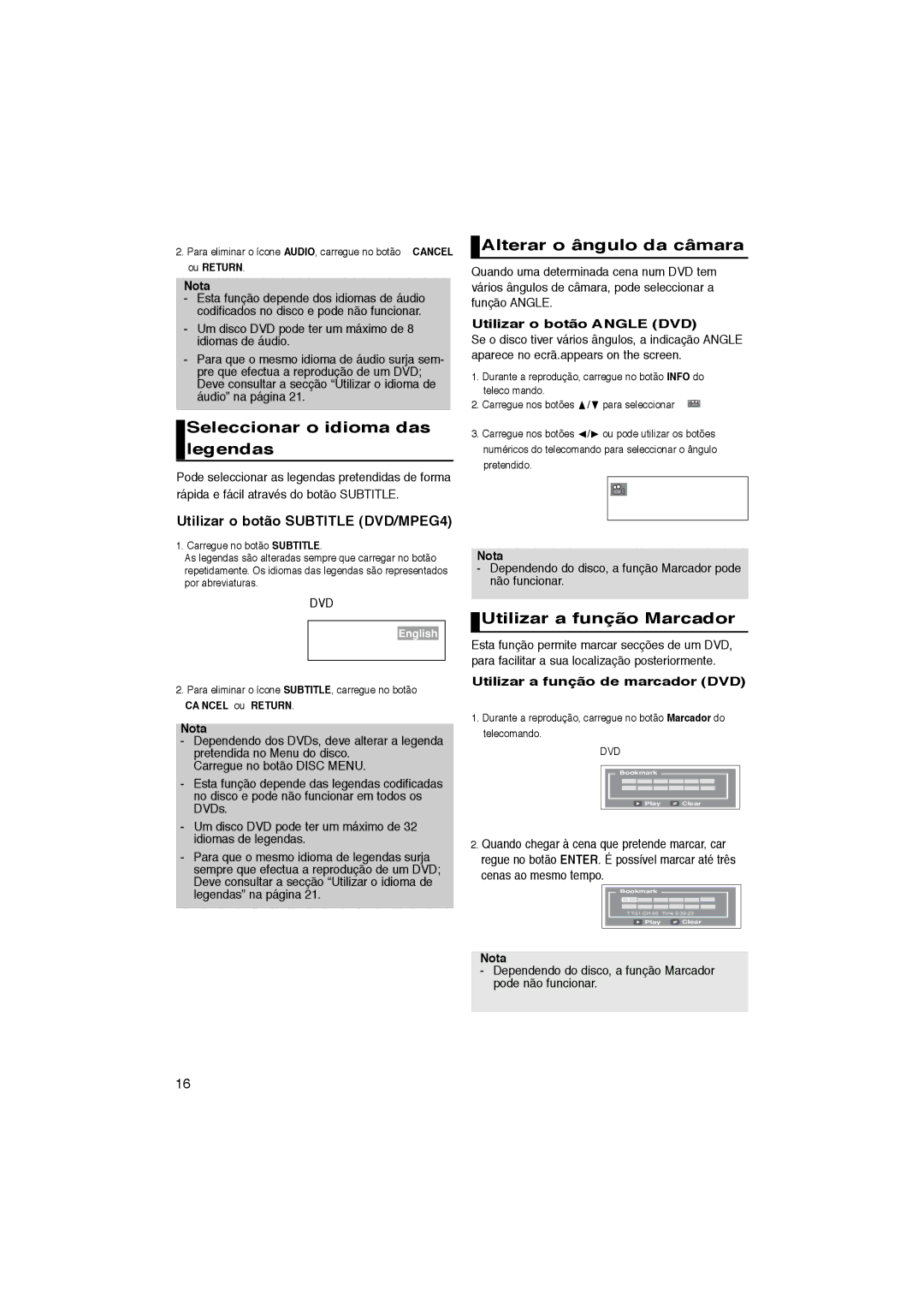 Samsung DVD-P181/MEA manual Seleccionar o idioma das legendas, Alterar o ângulo da câmara, Utilizar a função Marcador 