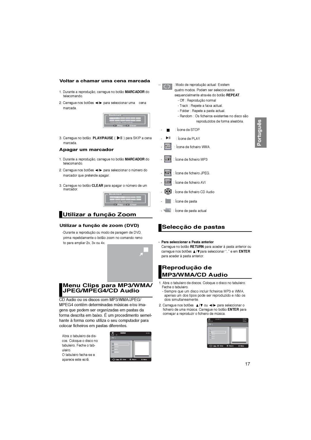 Samsung DVD-P181/AFR manual Utilizar a função Zoom, Menu Clips para MP3/WMA/ JPEG/MPEG4/CD Audio, Selecção de pastas 