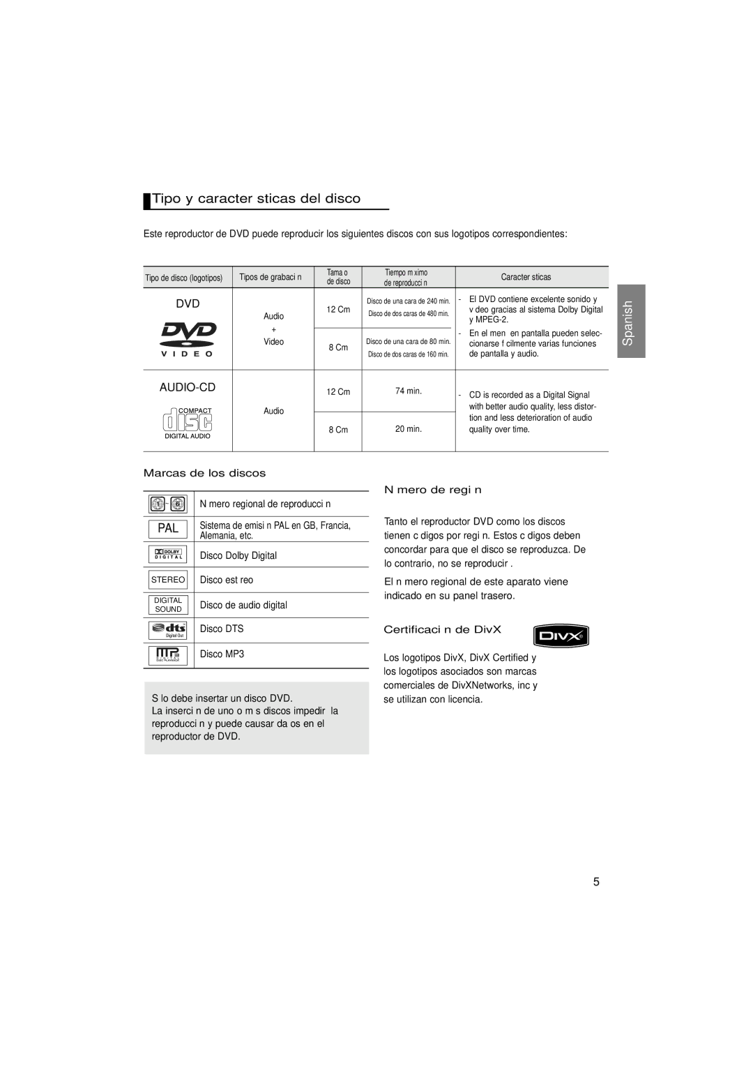 Samsung DVD-P181/XEC, DVD-P181/EDC manual Tipo y características del disco, Marcas de los discos, Certificación de DivX 