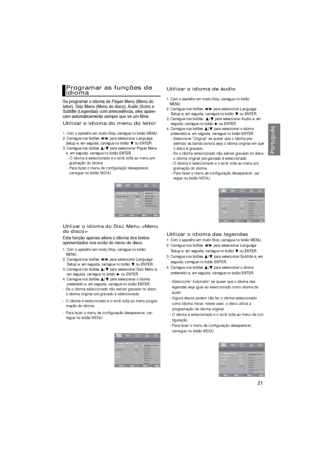 Samsung DVD-P181/AFR manual Programar as funções de idioma, Utilizar o idioma do menu do leitor, Utilizar o idioma de áudio 