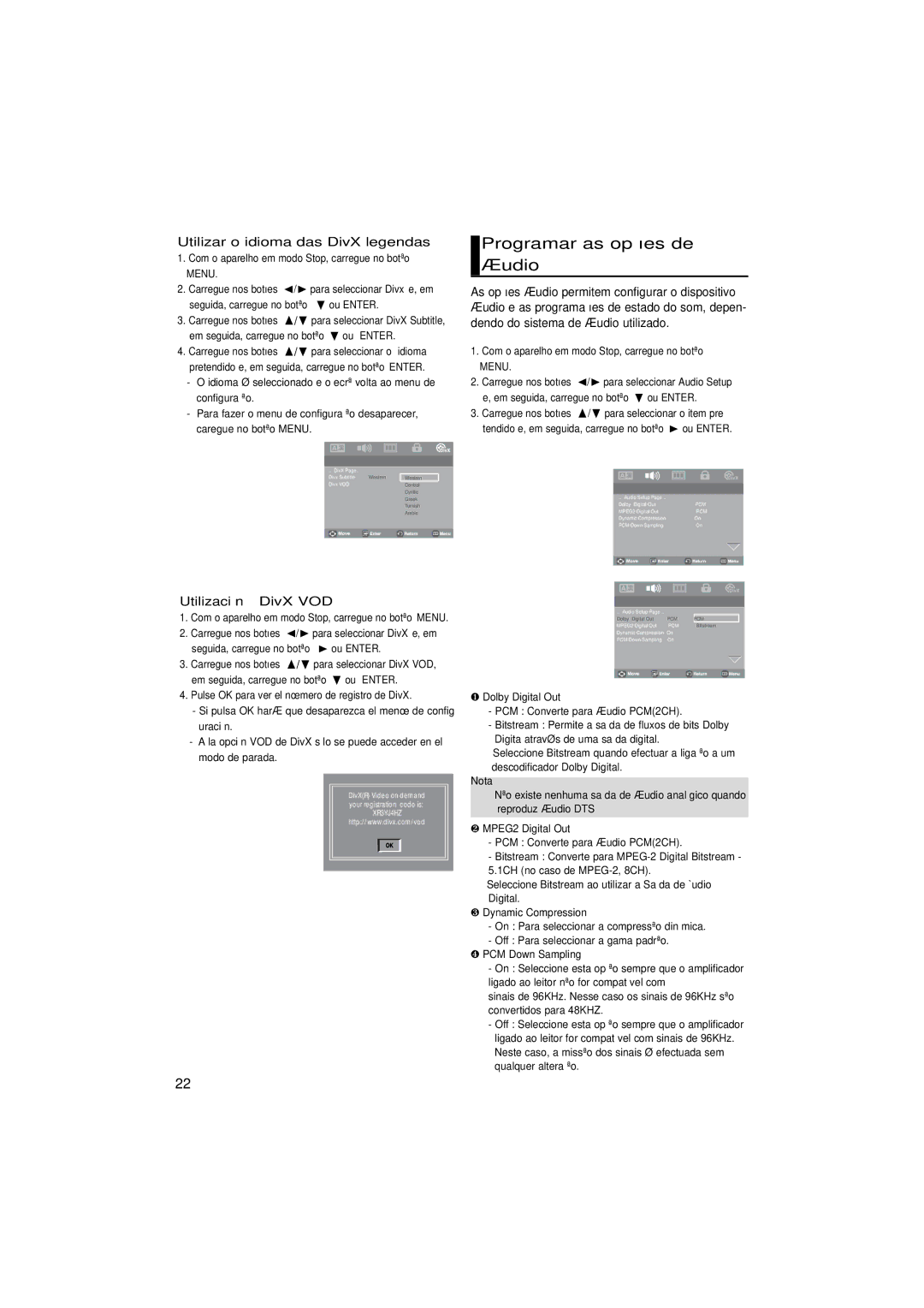 Samsung DVD-P181/EDC, DVD-P181/XEC, DVD-P181/MEA manual Programar as opções de áudio, Utilizar o idioma das DivX legendas 