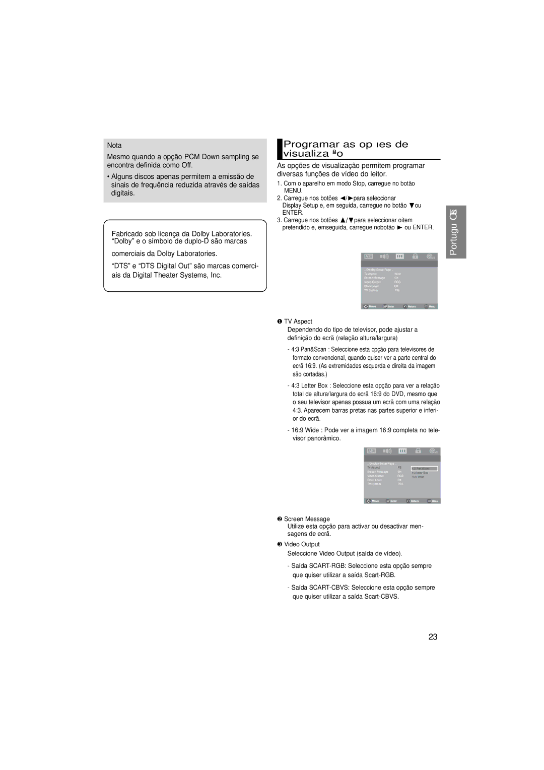 Samsung DVD-P181/XEC, DVD-P181/EDC manual Programar as opções de visualização, ❶ TV Aspect, ❷ Screen Message, ❸ Video Output 