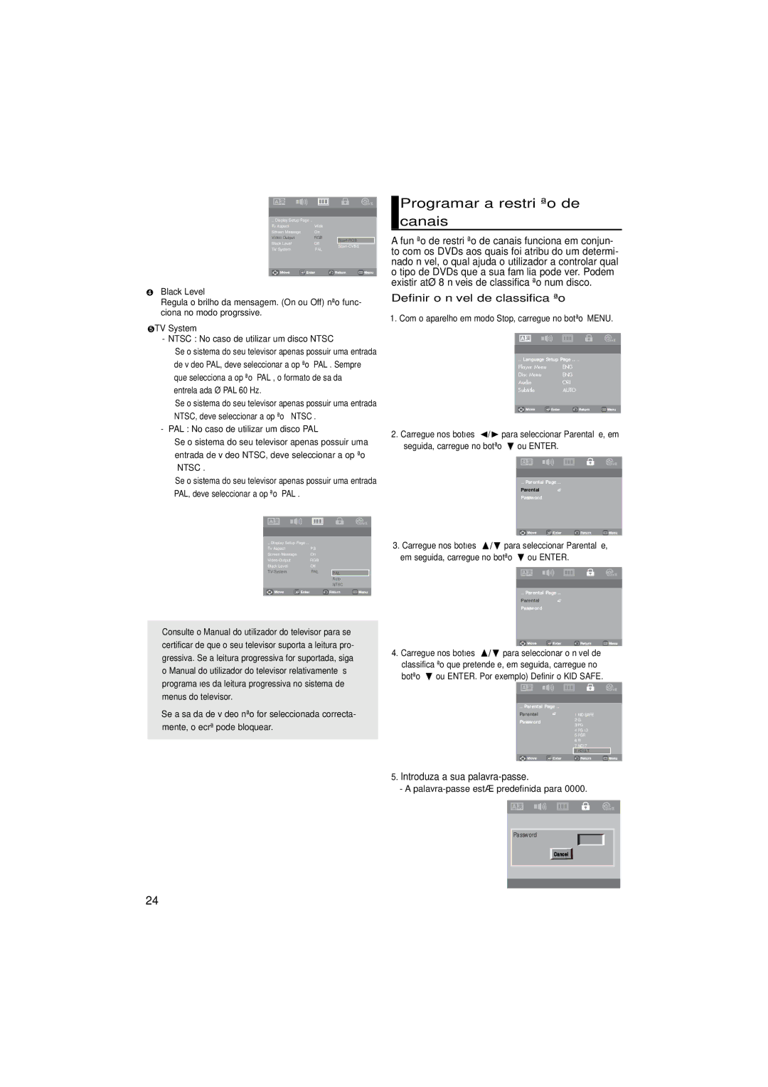 Samsung DVD-P181/MEA manual Programar a restrição de canais, Definir o nível de classificação, ❹ Black Level, ➎TV System 