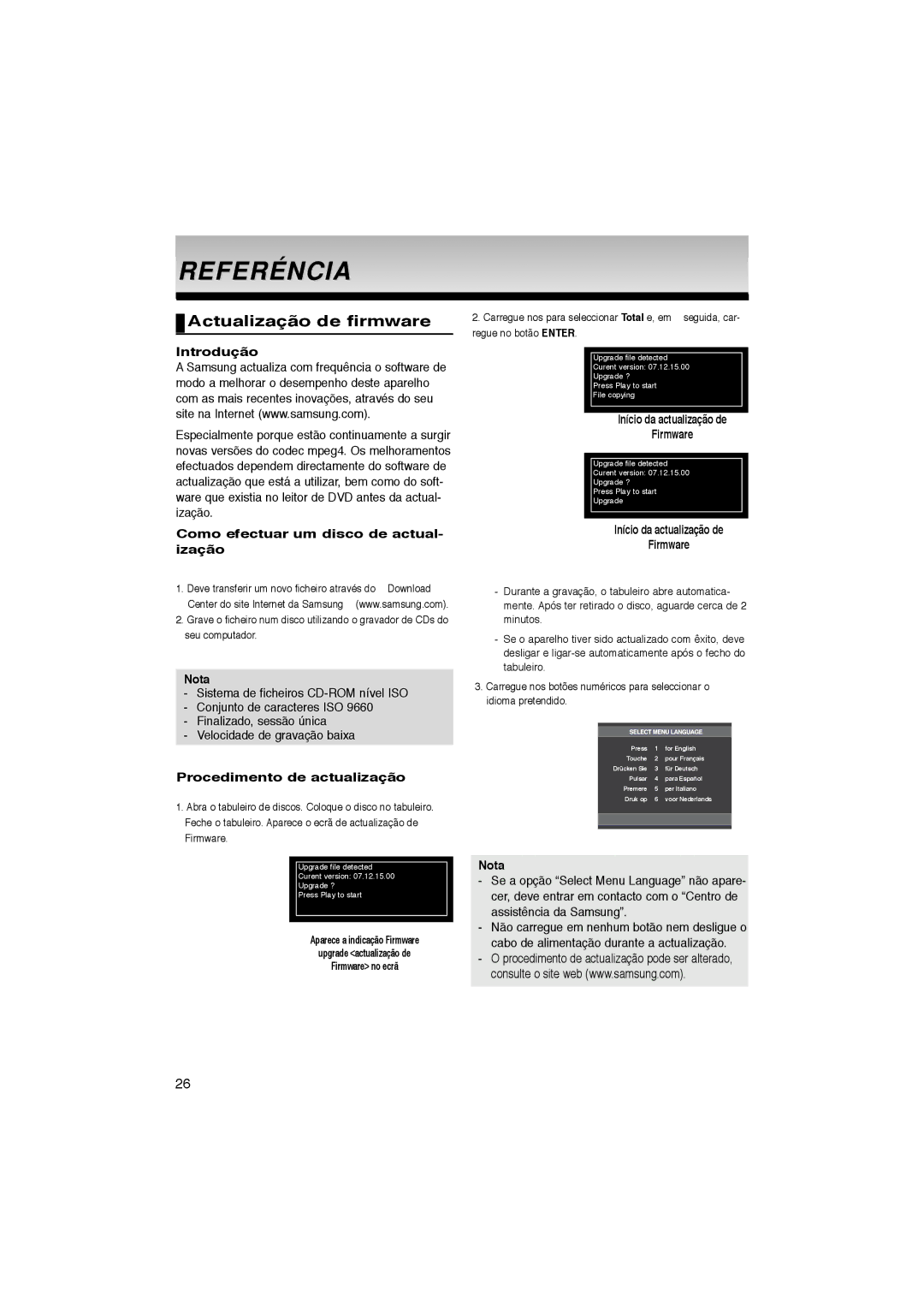 Samsung DVD-P181/EDC, DVD-P181/XEC, DVD-P181/MEA, DVD-P181/AFR manual Referéncia, Actualização de firmware 