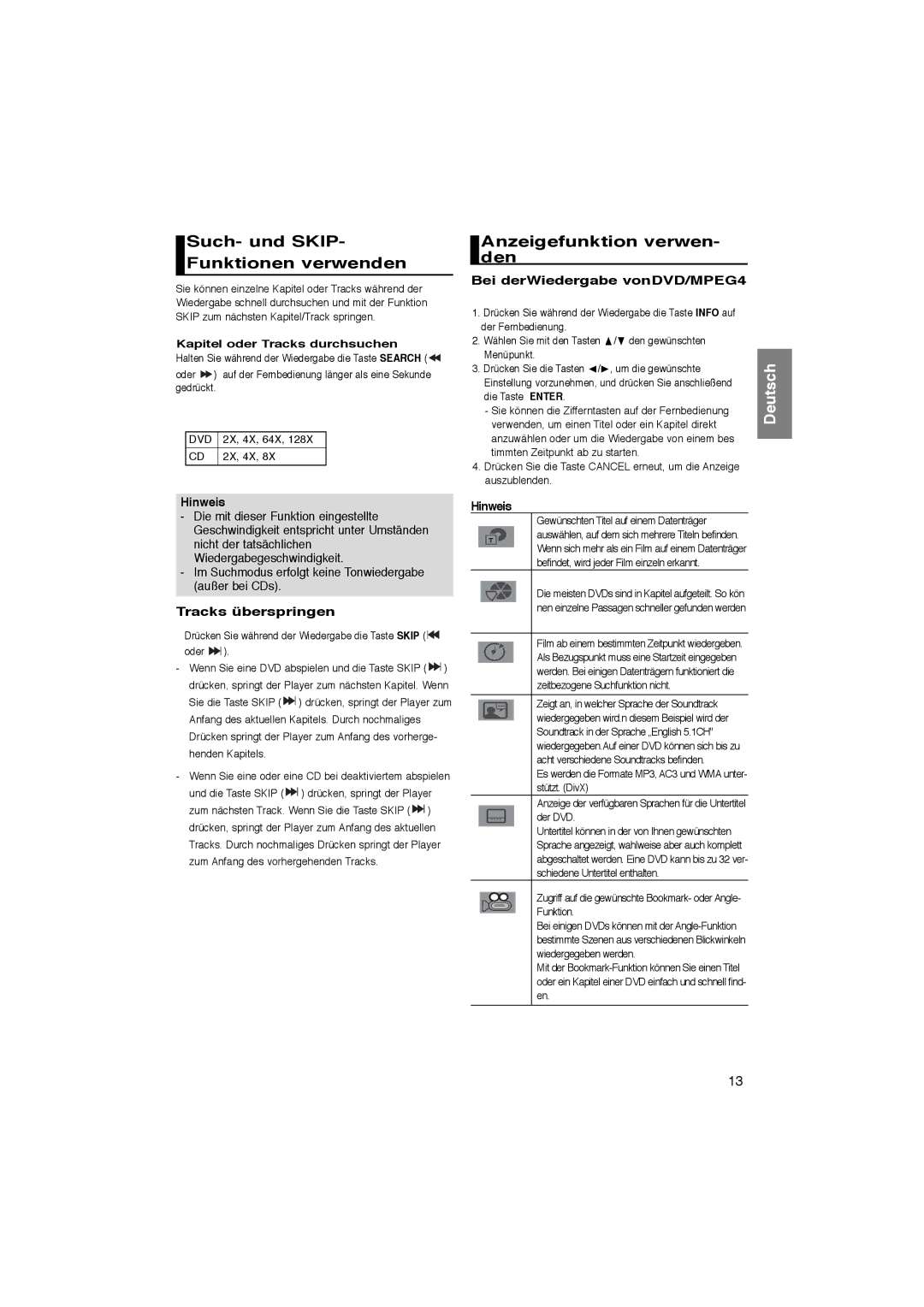 Samsung DVD-P181/XEC Such- und SKIP- Funktionen verwenden, Anzeigefunktion verwen- den, Bei derWiedergabe vonDVD/MPEG4 