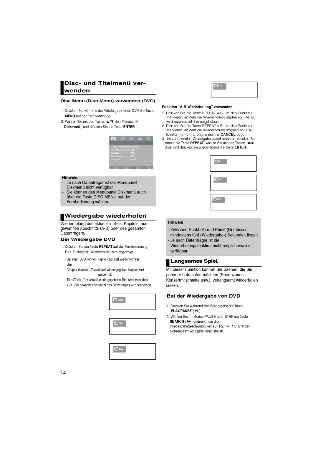 Samsung DVD-P181/XEE, DVD-P181/EDC manual Disc- und Titelmenü ver- wenden, Wiedergabe wiederholen, Bei Wiedergabe DVD 