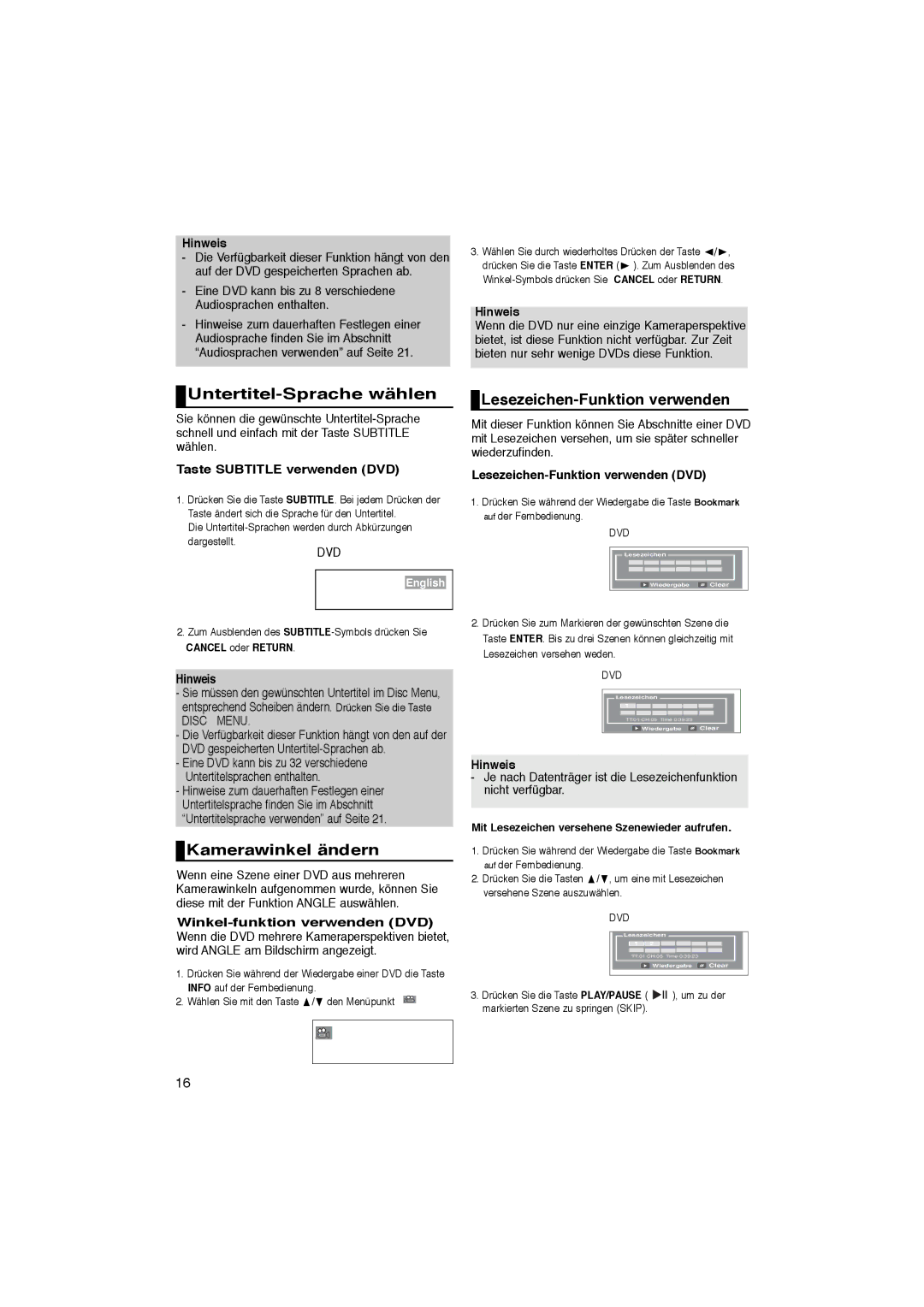 Samsung DVD-P181/EDC, DVD-P181/XEC manual Untertitel-Sprache wählen, Lesezeichen-Funktion verwenden, Kamerawinkel ändern 