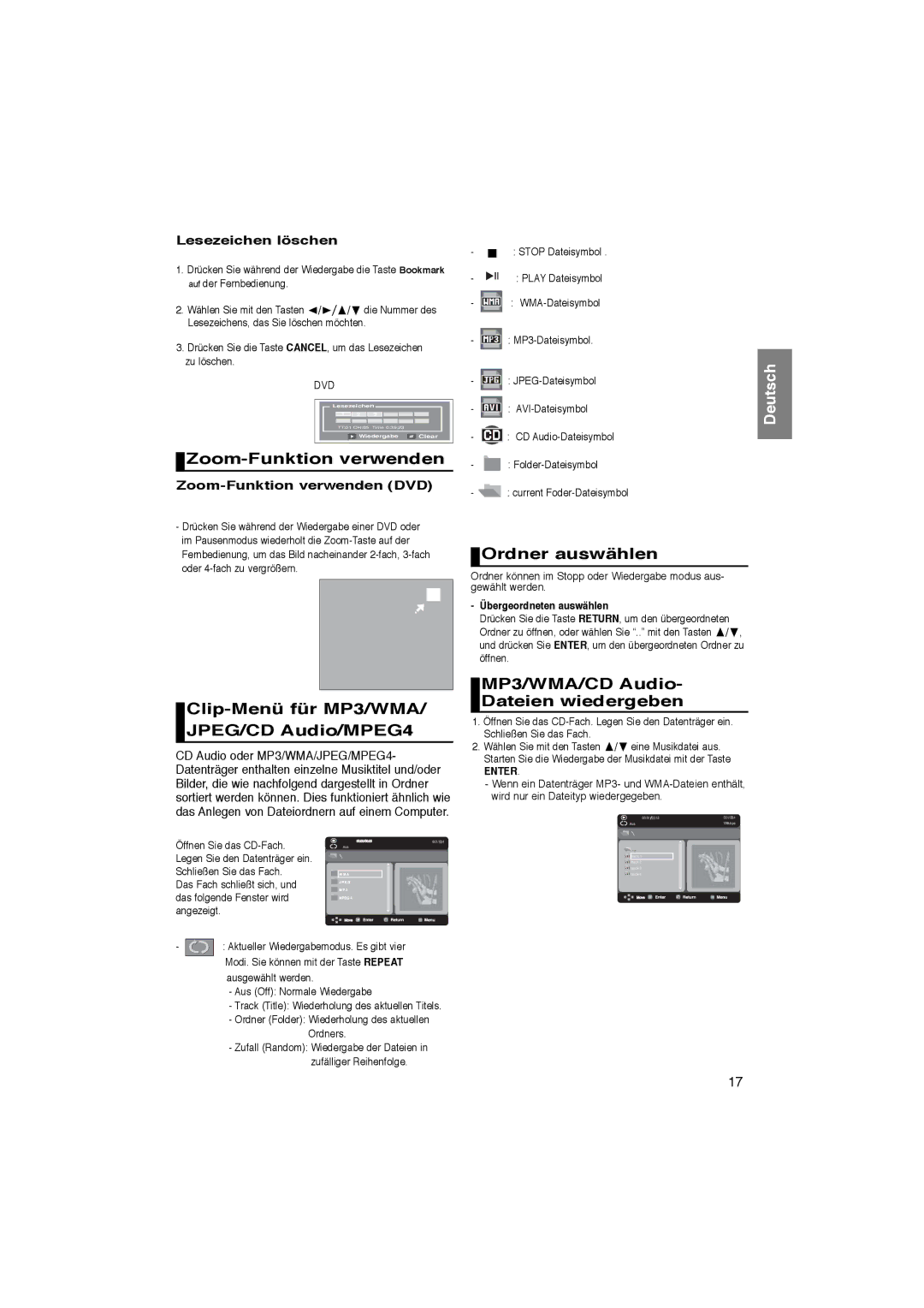 Samsung DVD-P181/XEC, DVD-P181/EDC Zoom-Funktion verwenden, Clip-Menü für MP3/WMA/ JPEG/CD Audio/MPEG4, Ordner auswählen 