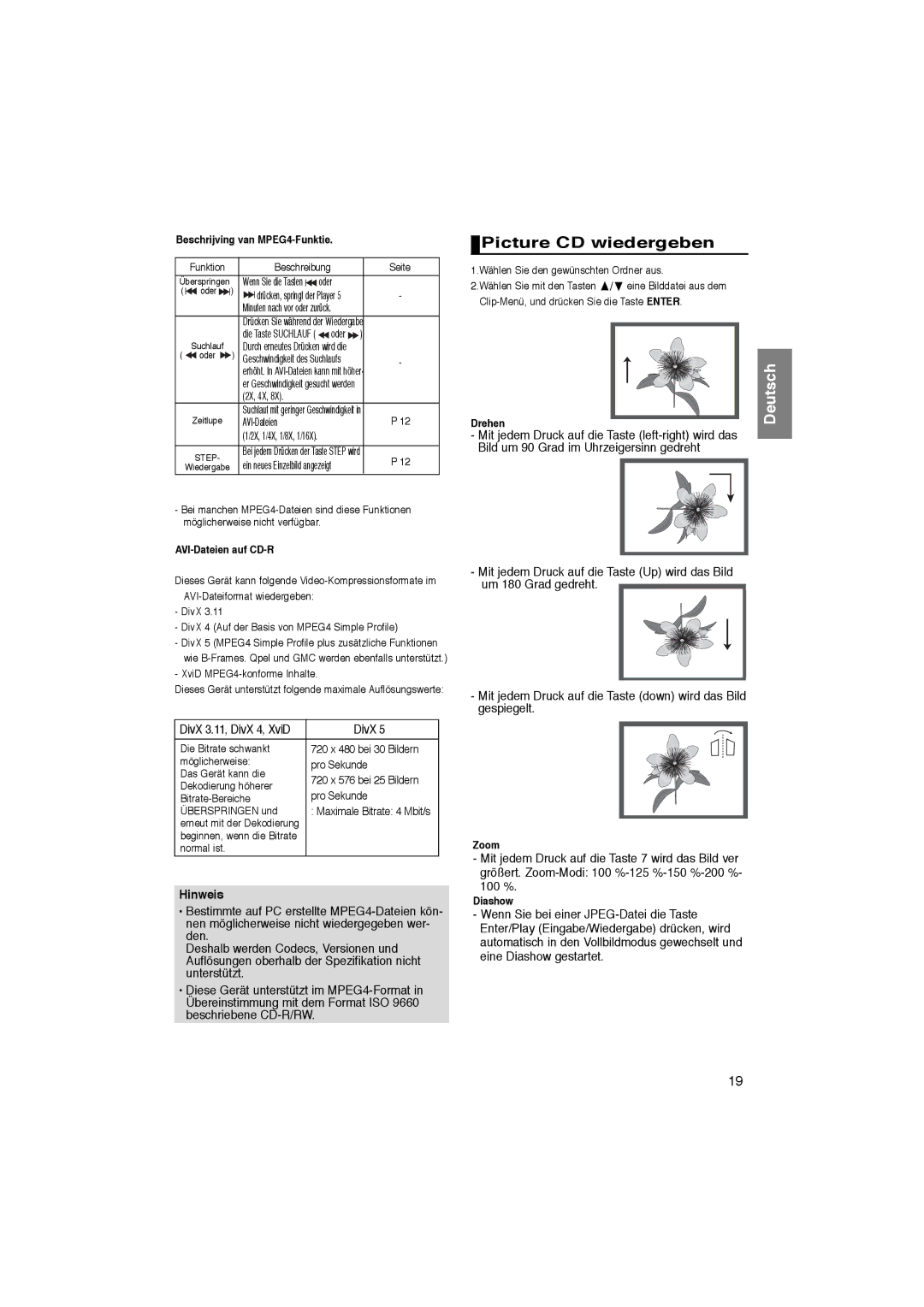 Samsung DVD-P181/XEO manual Picture CD wiedergeben, Beschrijving van MPEG4-Funktie, AVI-Dateien auf CD-R, Zoom, Diashow 