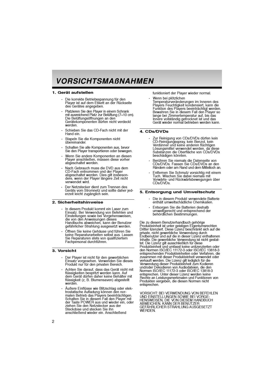 Samsung DVD-P181/XEE, DVD-P181/EDC Gerät aufstellen, Sicherheitshinweise, Vorsicht, CDs/DVDs, Entsorgung und Umweltschutz 