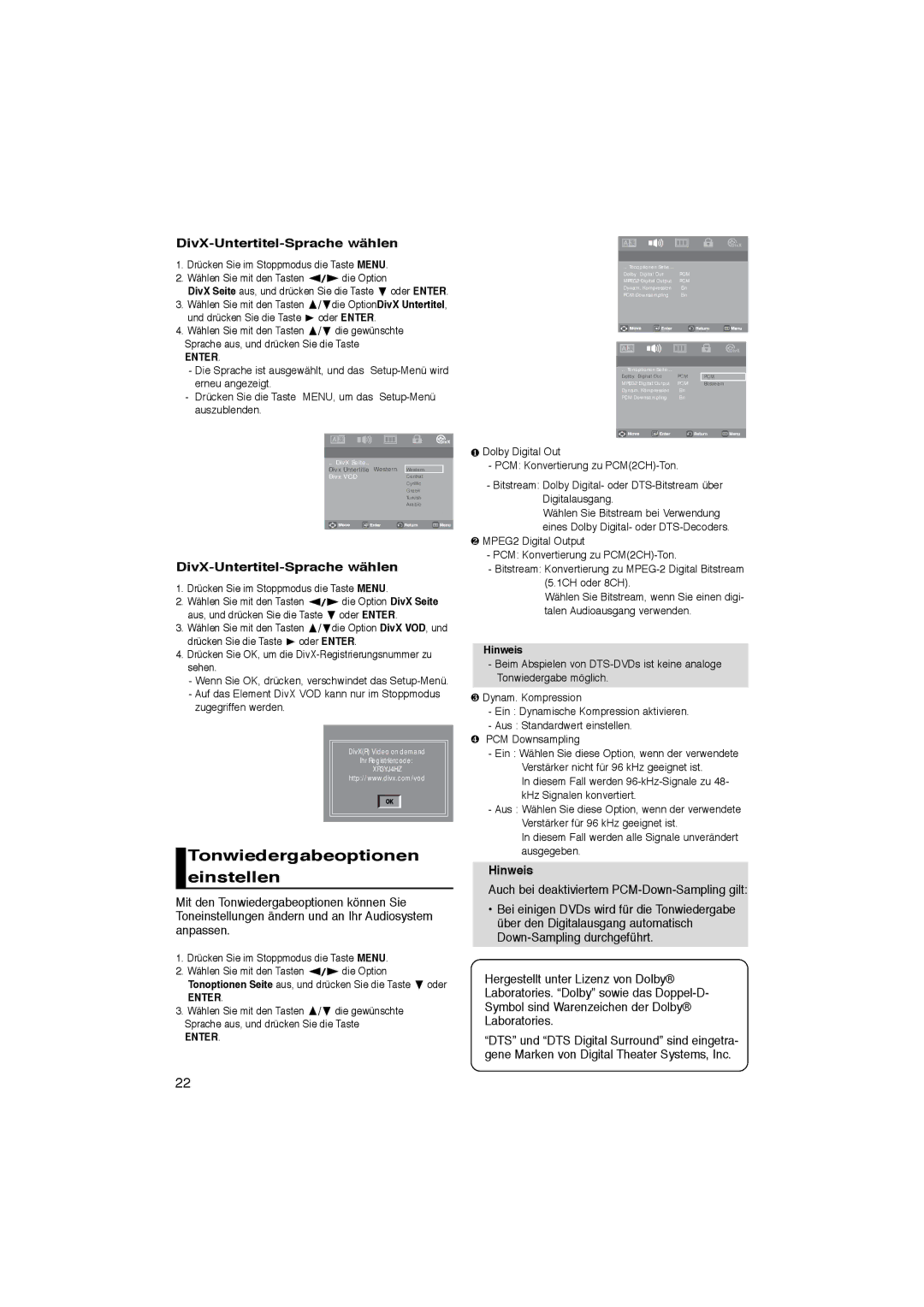 Samsung DVD-P181/XEE, DVD-P181/EDC manual Tonwiedergabeoptionen einstellen, DivX-Untertitel-Sprache wählen, Die gewünschte 