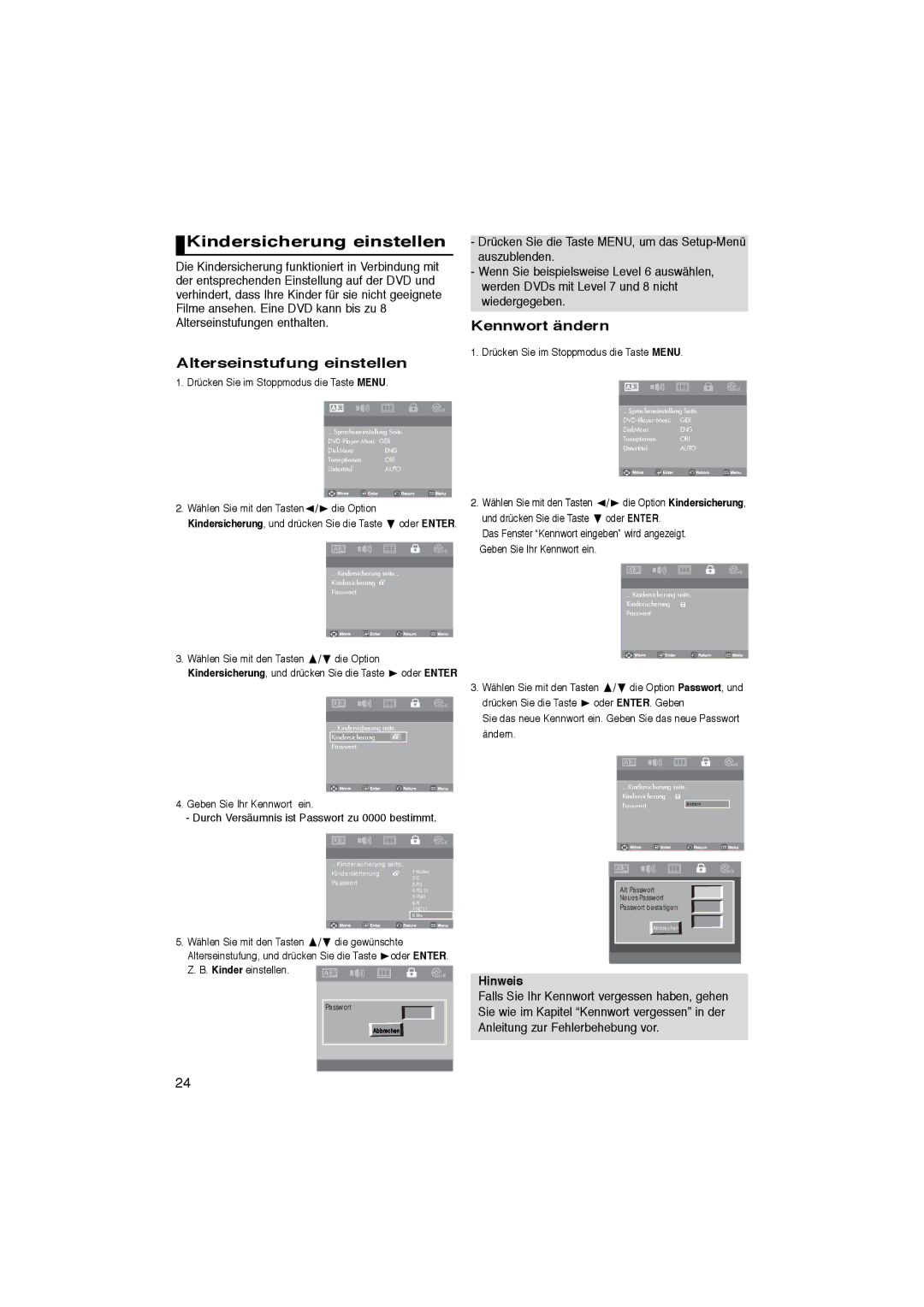 Samsung DVD-P181/EDC, DVD-P181/XEC, DVD-P181/XEE manual Kindersicherung einstellen, Wählen Sie mit den Tasten / die Option 