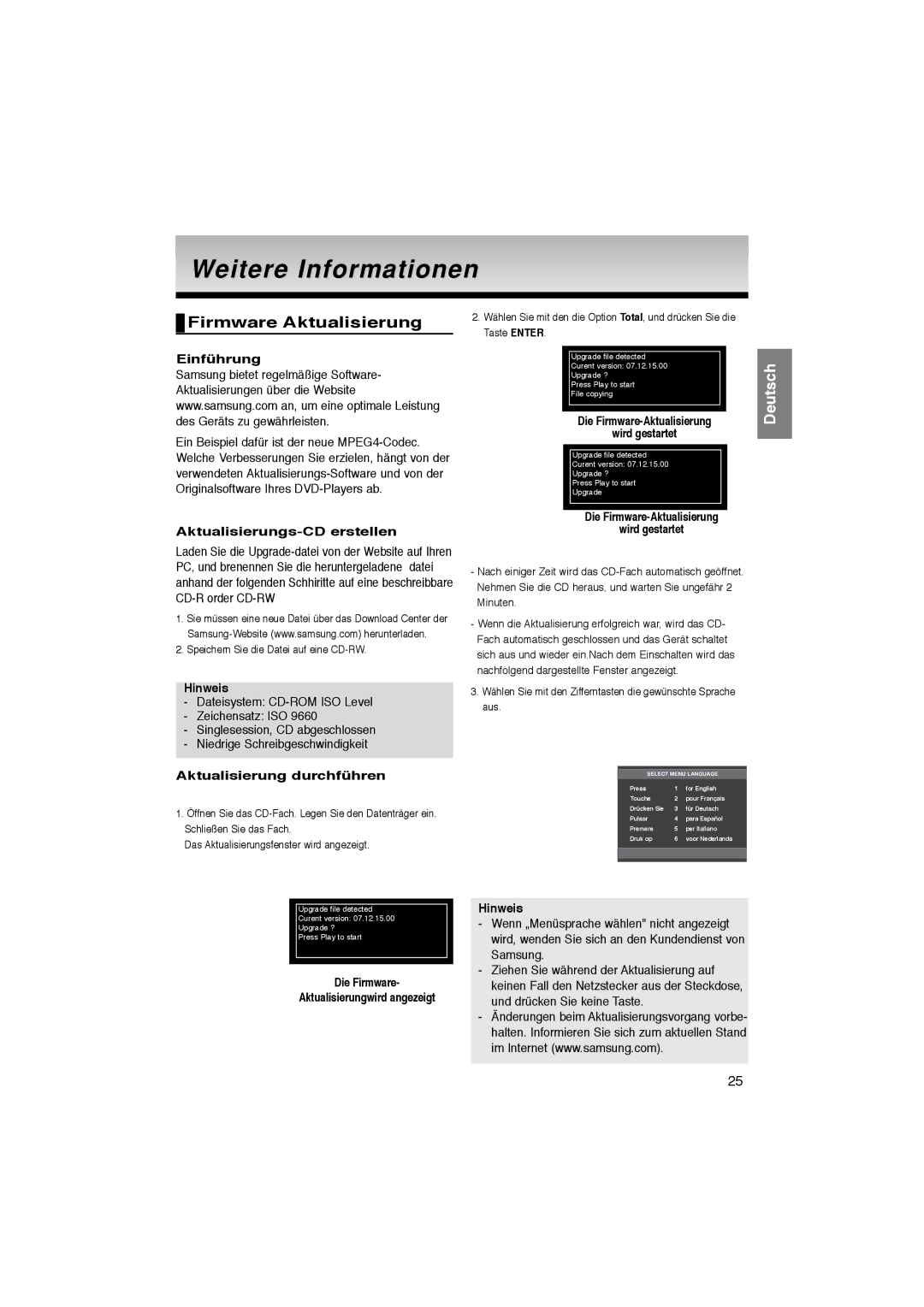 Samsung DVD-P181/XEC manual Firmware Aktualisierung, Aktualisierungs-CD erstellen, Aktualisierung durchführen, Die Firmware 