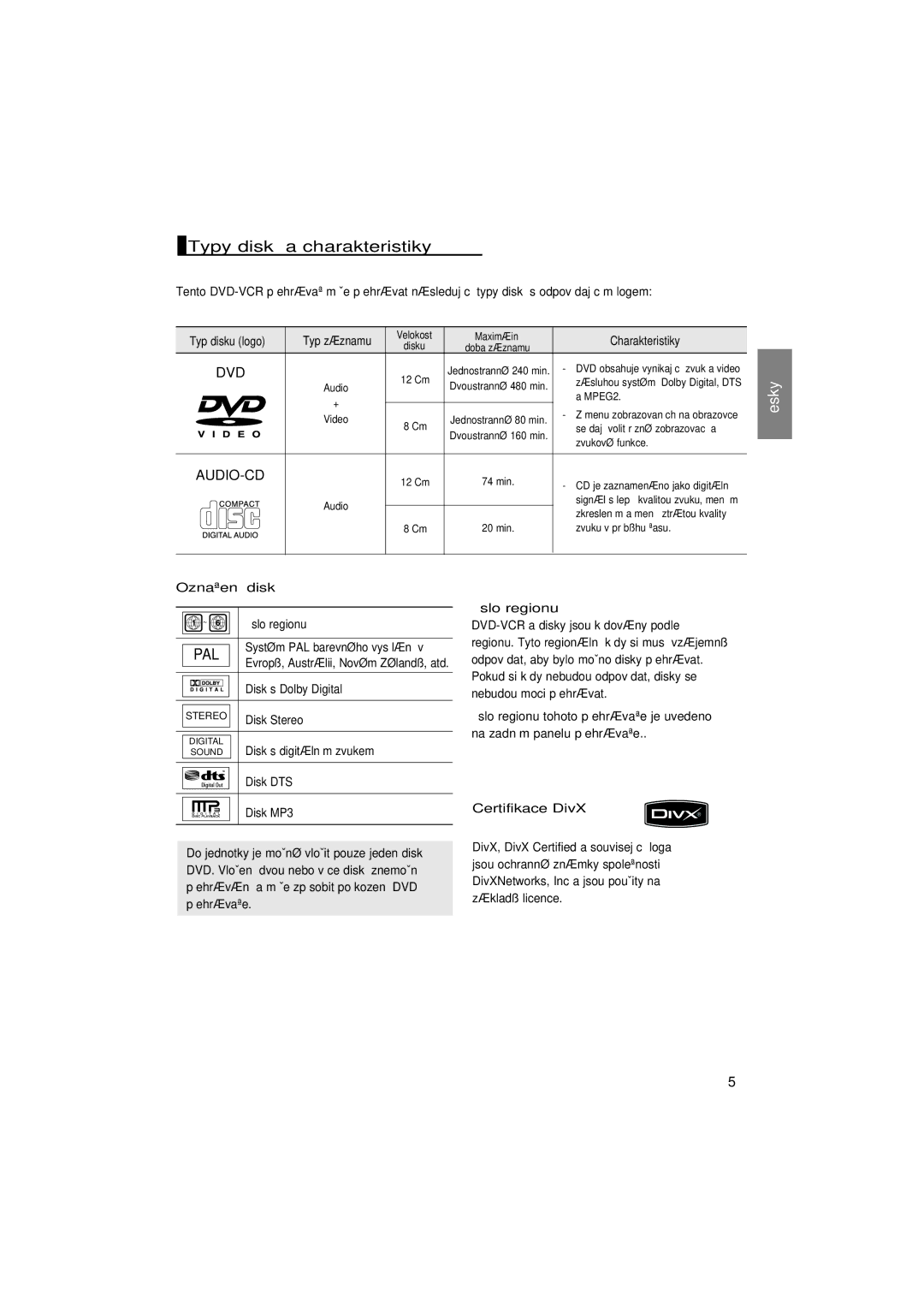 Samsung DVD-P181/XEO, DVD-P181/EDC, DVD-P181/XEC, DVD-P181/XEE manual Typy diskÛ a charakteristiky 