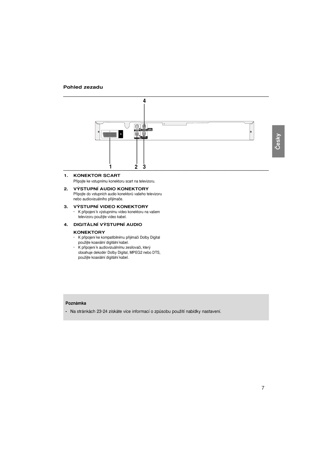 Samsung DVD-P181/XEC, DVD-P181/EDC manual Pohled zezadu, Poznámka, Pﬁipojte ke vstupnímu konektoru scart na televizoru 