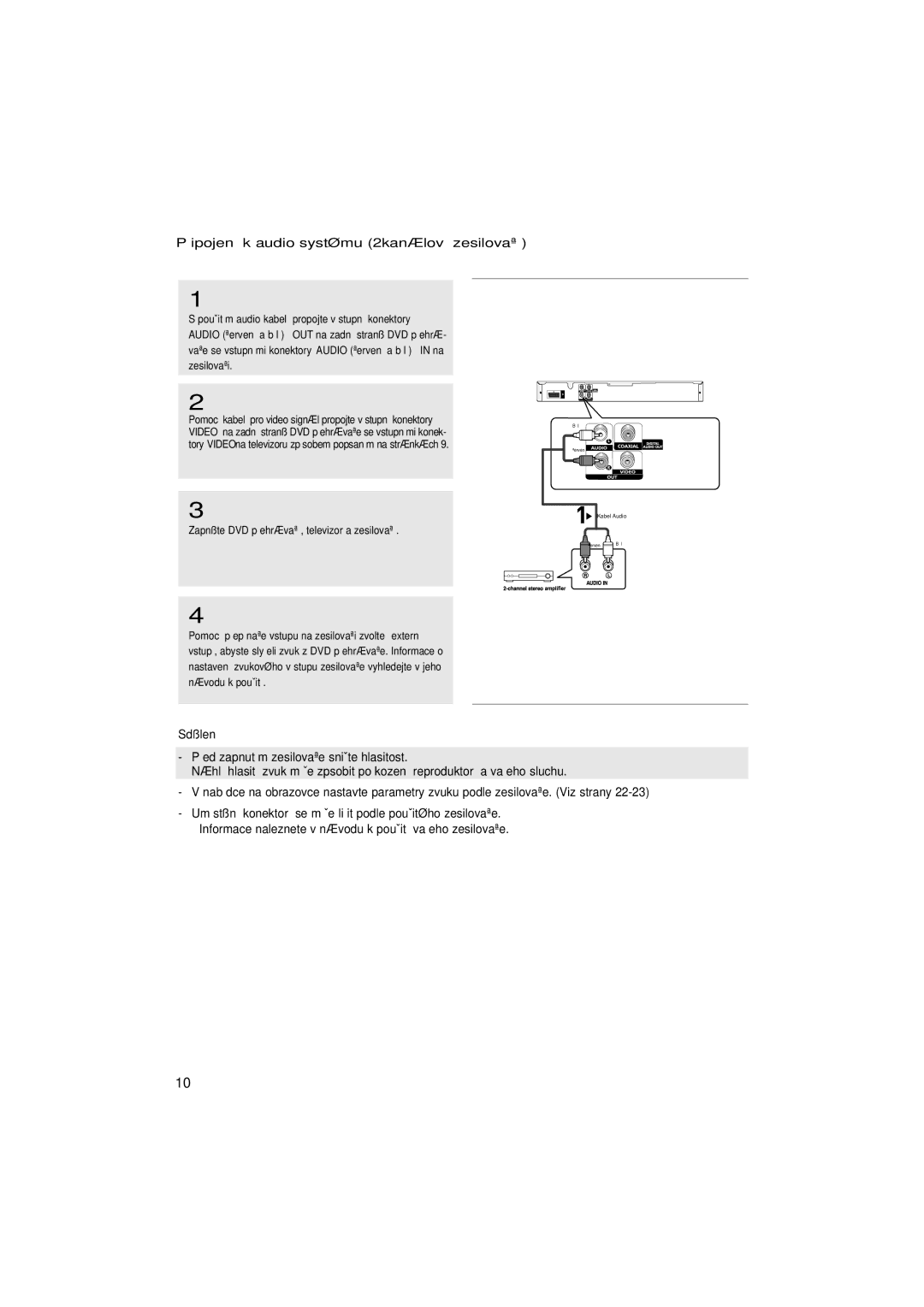 Samsung DVD-P181/EDC manual Pﬁipojení k audio systému 2kanálov˘ zesilovaã, Zapnûte DVD pﬁehrávaã , televizor a zesilovaã 