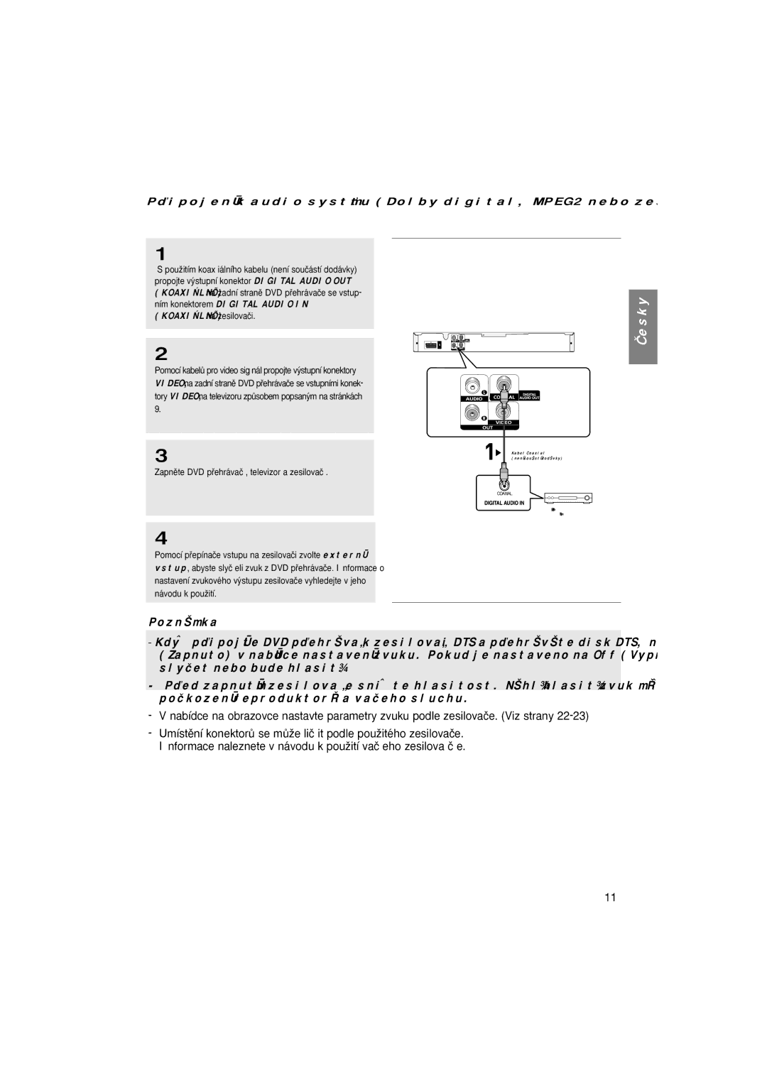 Samsung DVD-P181/XEC, DVD-P181/EDC, DVD-P181/XEE, DVD-P181/XEO manual Kabel Coaxial Není souãástí dodávky 