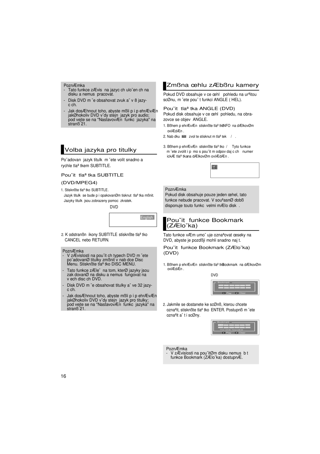 Samsung DVD-P181/XEE, DVD-P181/EDC Volba jazyka pro titulky, Zmûna úhlu zábûru kamery, PouÏití funkce Bookmark ZáloÏka 