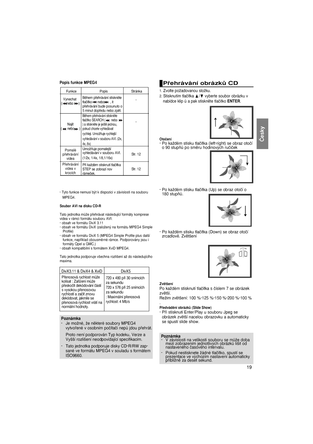 Samsung DVD-P181/XEC, DVD-P181/EDC, DVD-P181/XEE, DVD-P181/XEO manual Pﬁehrávání obrázkÛ CD, Popis funkce MPEG4 