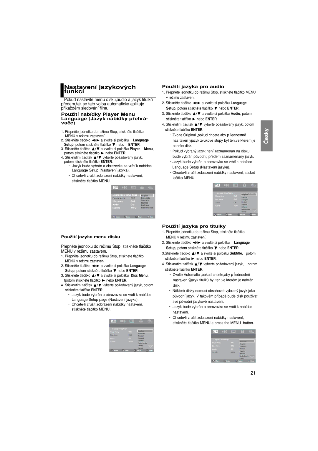 Samsung DVD-P181/XEO, DVD-P181/EDC manual Nastavení jazykov˘ch funkcí, PouÏití jazyka pro audio, PouÏití jazyka pro titulky 