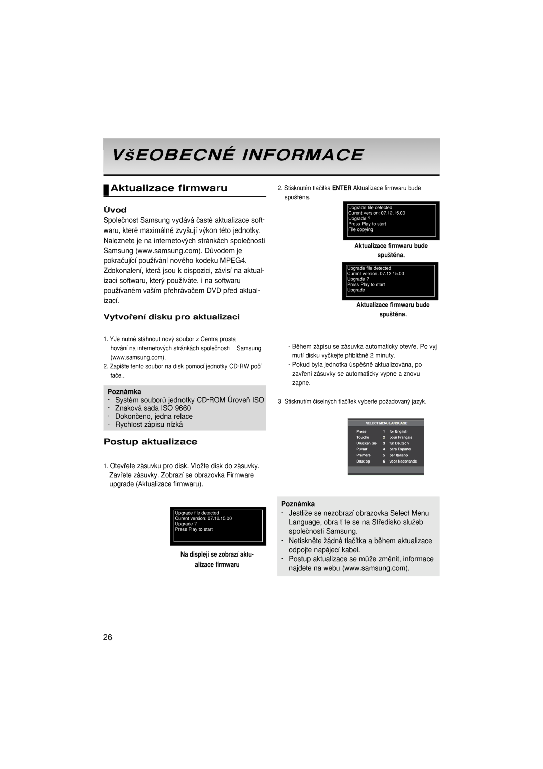 Samsung DVD-P181/EDC ‰EOBECNÉ Informace, Aktualizace firmwaru, Úvod Vytvoﬁení disku pro aktualizaci, Alizace firmwaru 