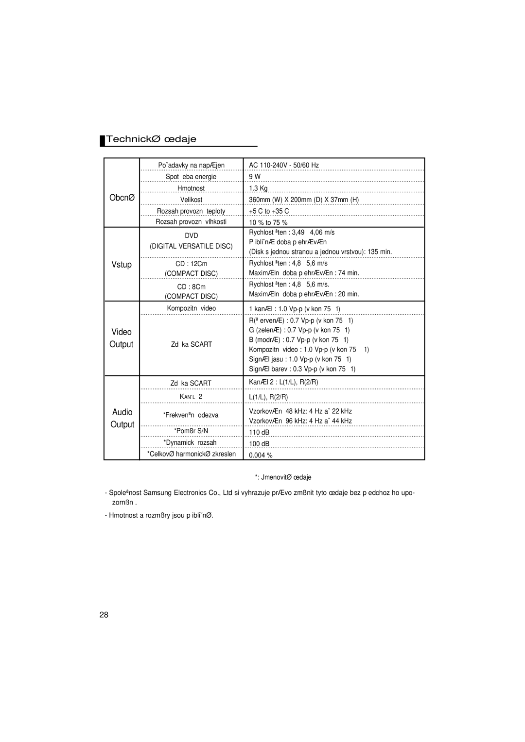 Samsung DVD-P181/XEE, DVD-P181/EDC, DVD-P181/XEC, DVD-P181/XEO manual Technické údaje 