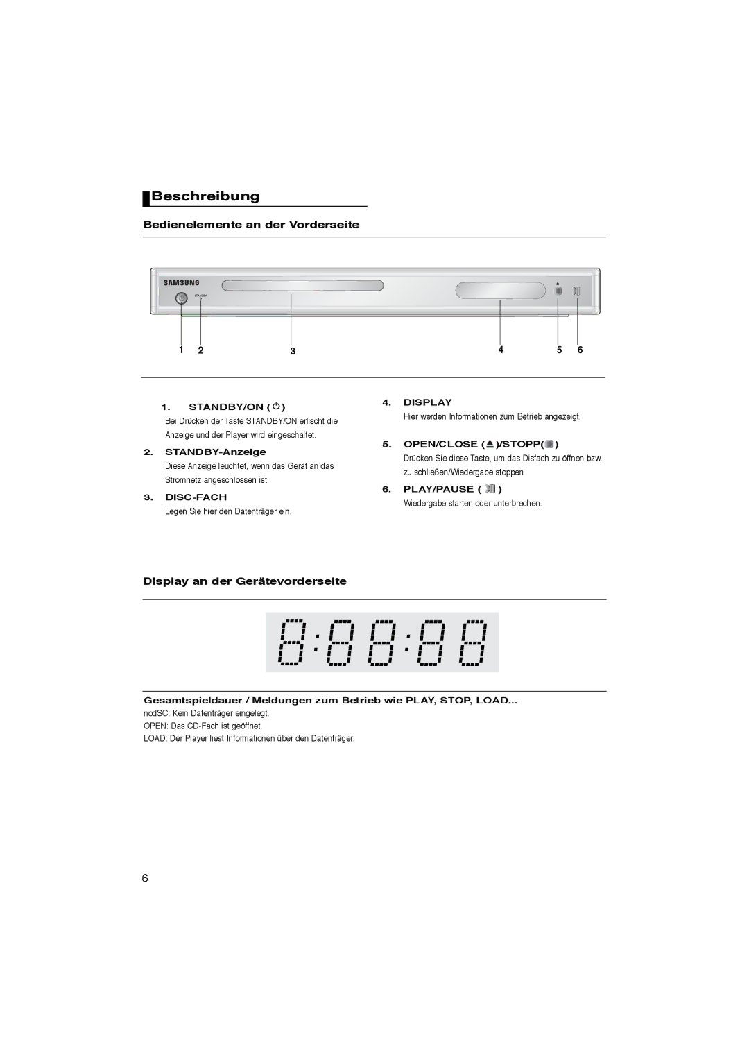 Samsung DVD-P181/XEE, DVD-P181/EDC manual Beschreibung, Bedienelemente an der Vorderseite, Display an der Gerätevorderseite 