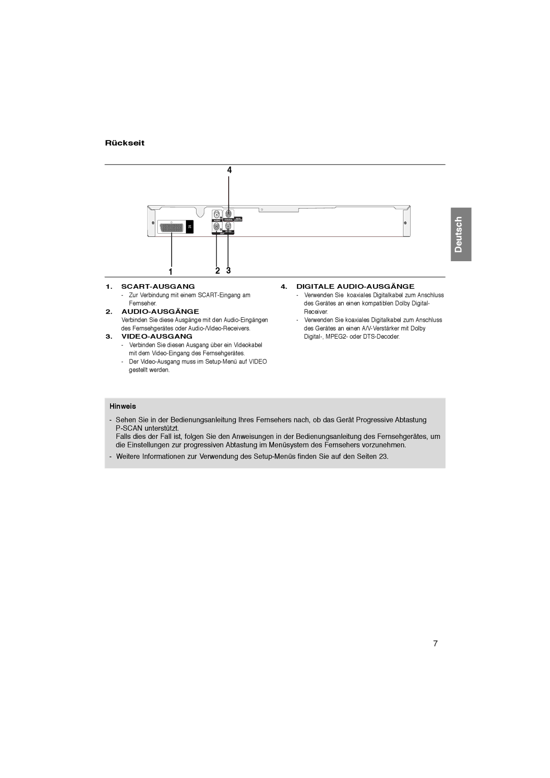 Samsung DVD-P181/XEO, DVD-P181/EDC, DVD-P181/XEC Rückseit, Hinweis, Zur Verbindung mit einem SCART-Eingang am Fernseher 