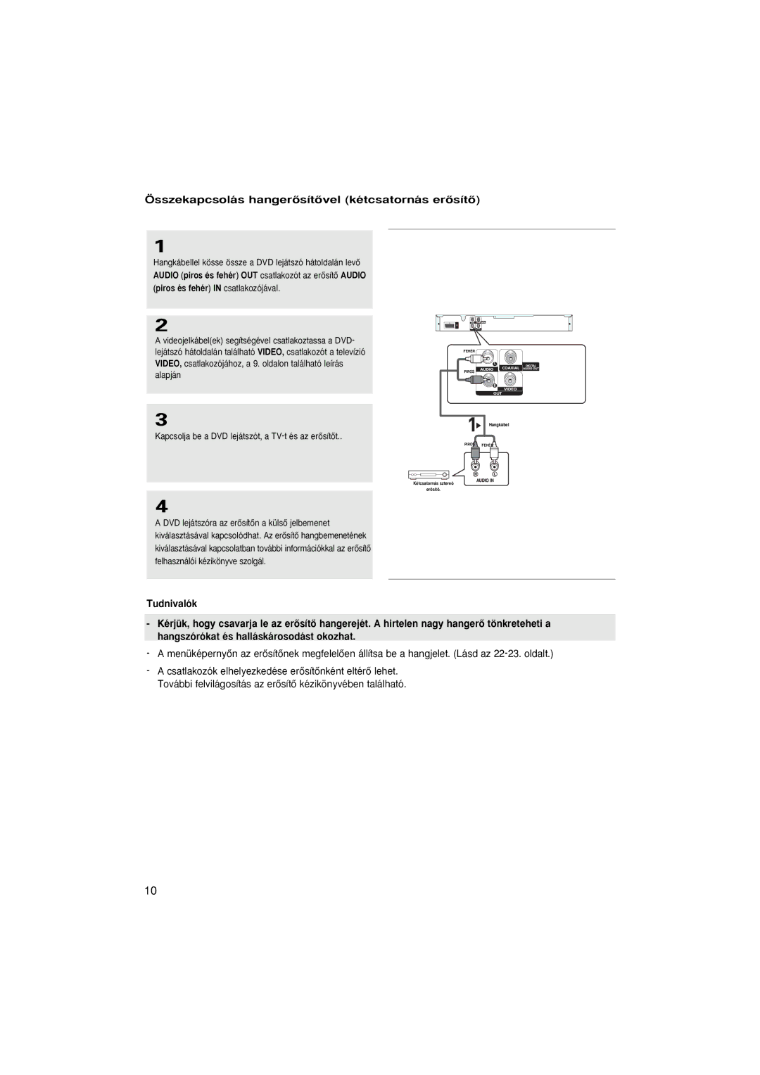 Samsung DVD-P181/XEE, DVD-P181/EDC, DVD-P181/XEC manual Összekapcsolás hangerŒsítŒvel kétcsatornás erŒsítŒ, Tudnivalók 