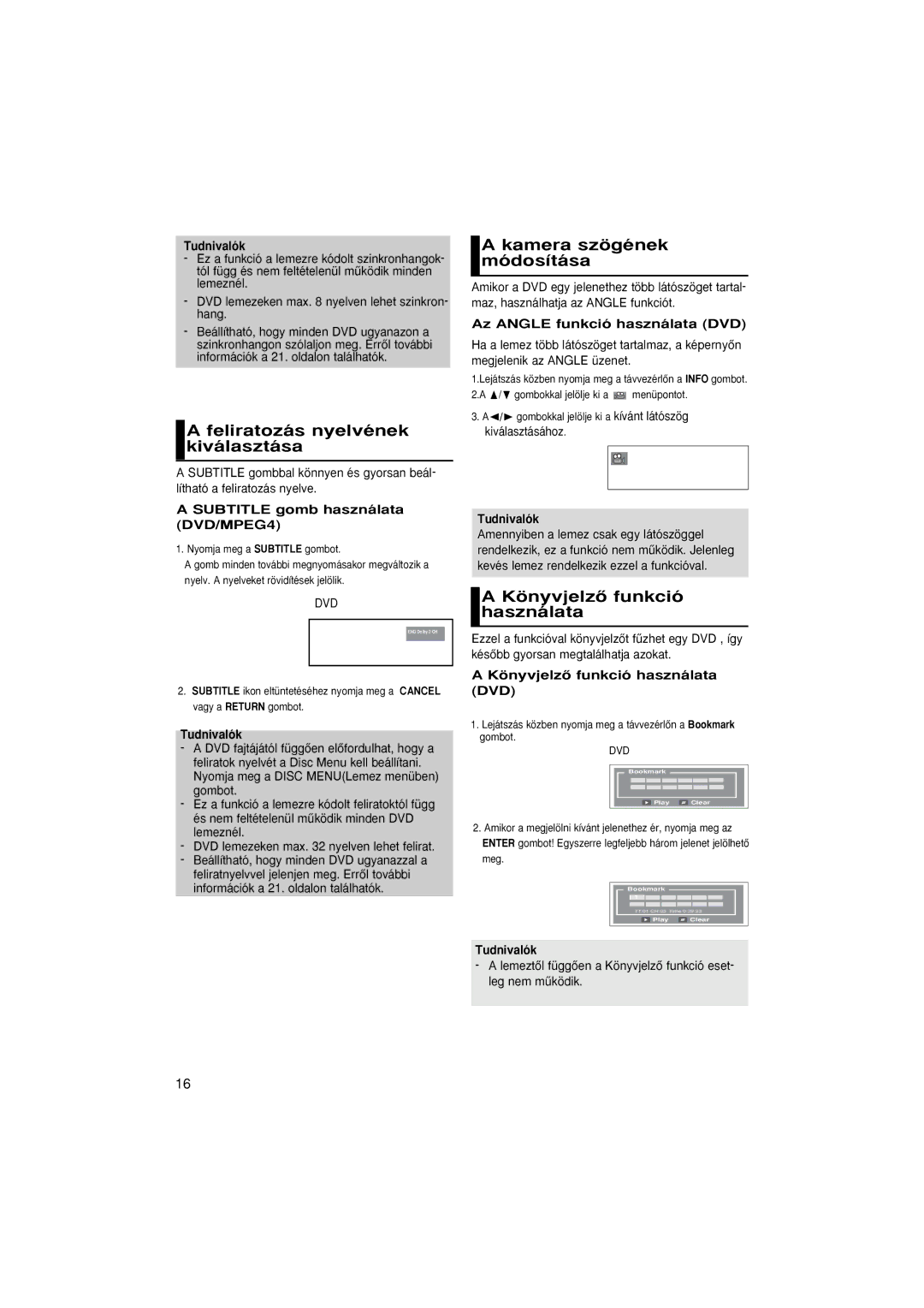 Samsung DVD-P181/EDC manual Feliratozás nyelvének kiválasztása, Kamera szögének módosítása, KönyvjelzŒ funkció használata 