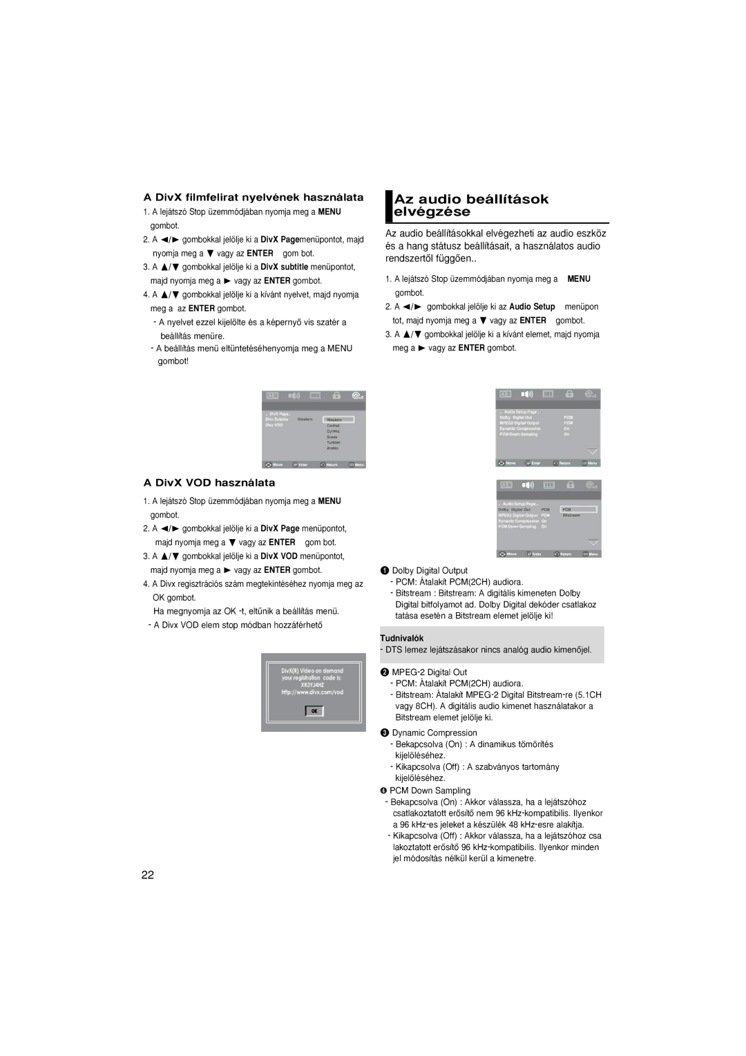 Samsung DVD-P181/XEE manual Az audio beállítások elvégzése, DivX filmfelirat nyelvének használata, DivX VOD használata 