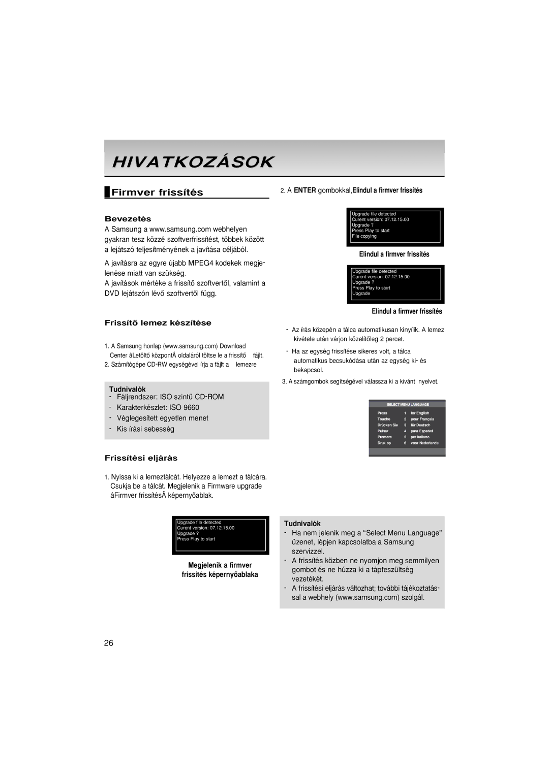 Samsung DVD-P181/XEE manual Hivatkozások, Firmver frissítés, Bevezetés, FrissítŒ lemez készítése, Frissítési eljárás 