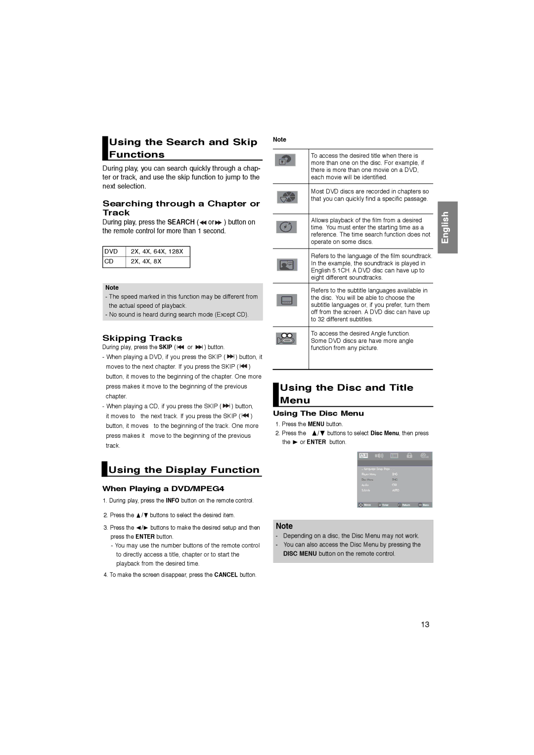 Samsung DVD-P181/XEL manual Using the Search and Skip Functions, Using the Display Function, Using the Disc and Title Menu 