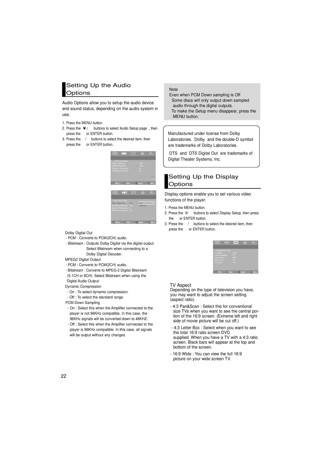 Samsung DVD-P181/EDC, DVD-P181/XEL manual Setting Up the Audio Options, Setting Up the Display Options, ❶ TV Aspect 