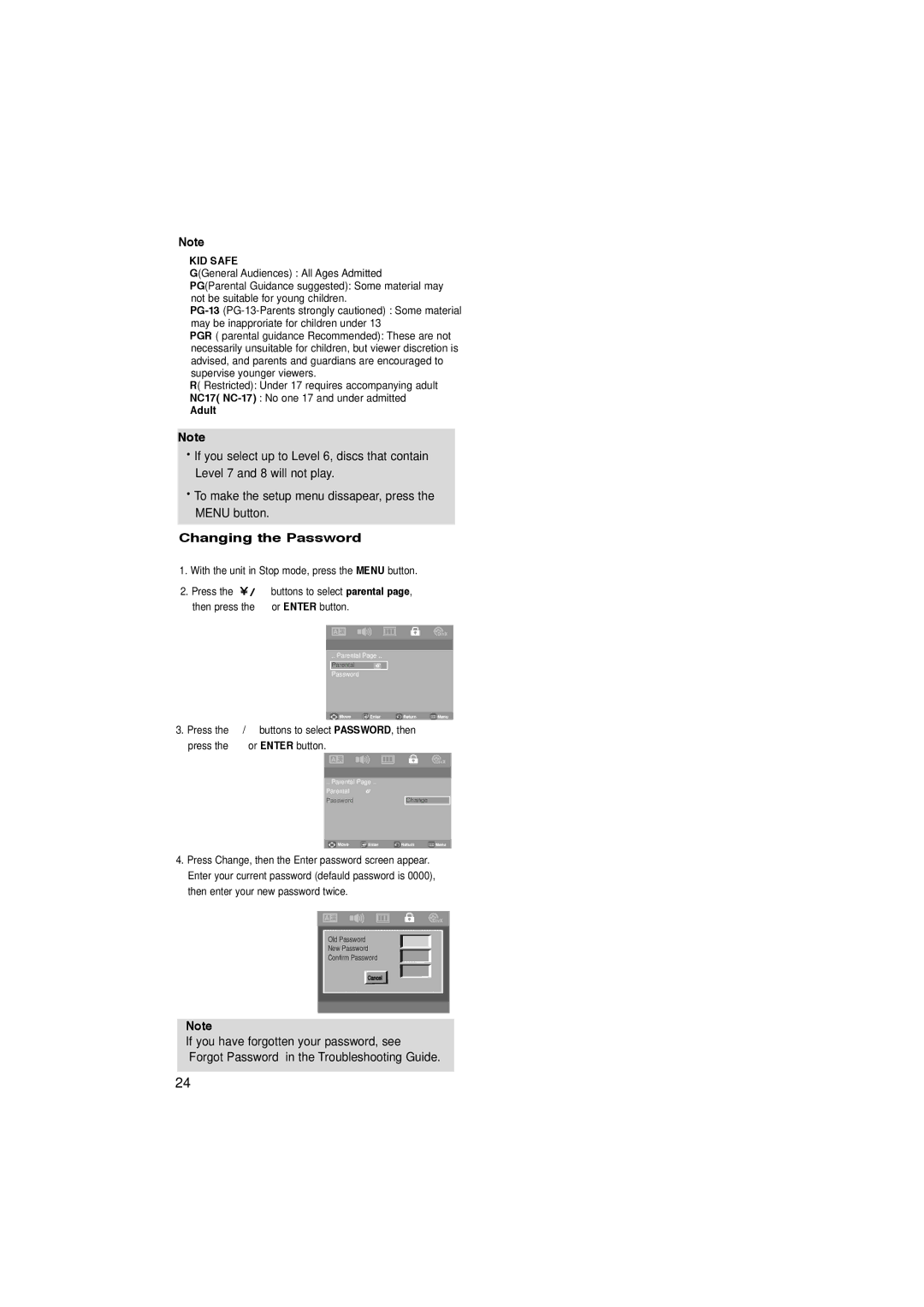 Samsung DVD-P181/EDC, DVD-P181/XEL manual Changing the Password, ❶ KID Safe, ❽ Adult, Buttons to select PASSWORD, then 