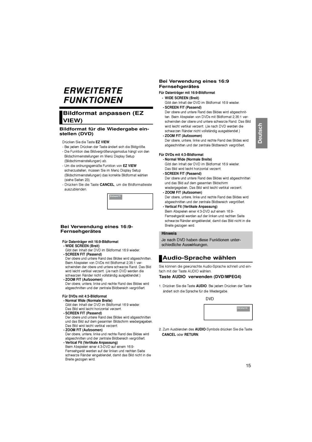 Samsung DVD-P181/XEL, DVD-P181/EDC manual Erweiterte Funktionen, Bildformat anpassen EZ View, Audio-Sprache wählen 