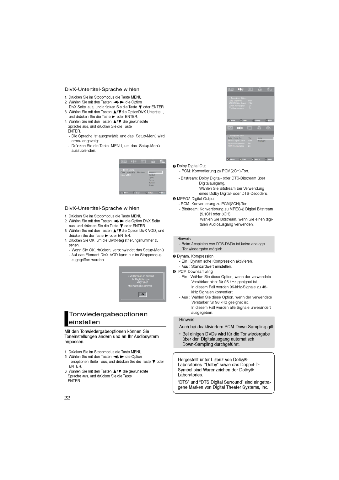 Samsung DVD-P181/EDC, DVD-P181/XEL manual Tonwiedergabeoptionen einstellen, DivX-Untertitel-Sprache wählen, Die gewünschte 