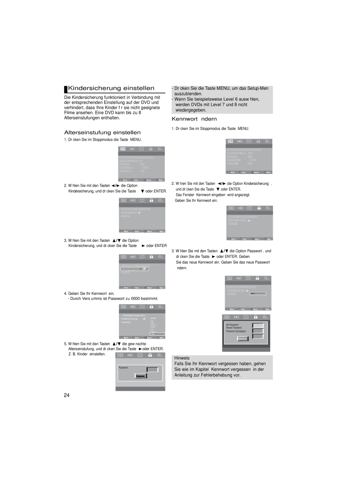 Samsung DVD-P181/EDC, DVD-P181/XEL manual Kindersicherung einstellen, Alterseinstufung einstellen, Kennwort ändern 