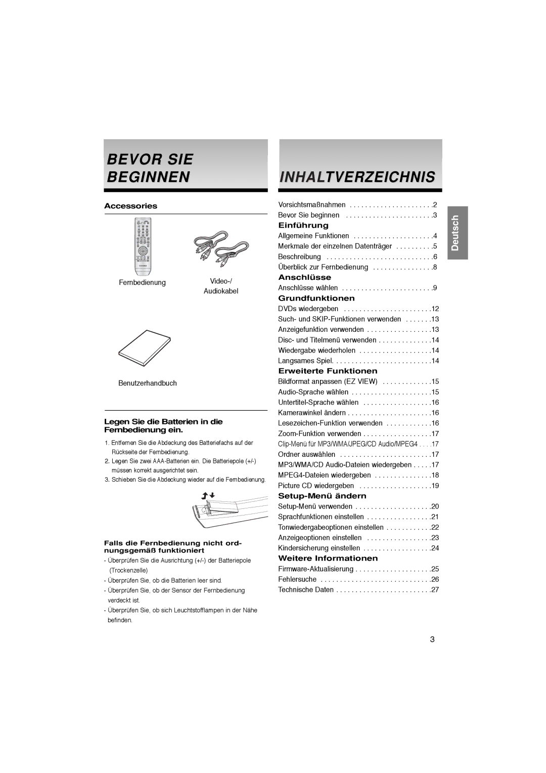 Samsung DVD-P181/XEL, DVD-P181/EDC manual Bevor SIE Beginnen, Inhaltverzeichnis 