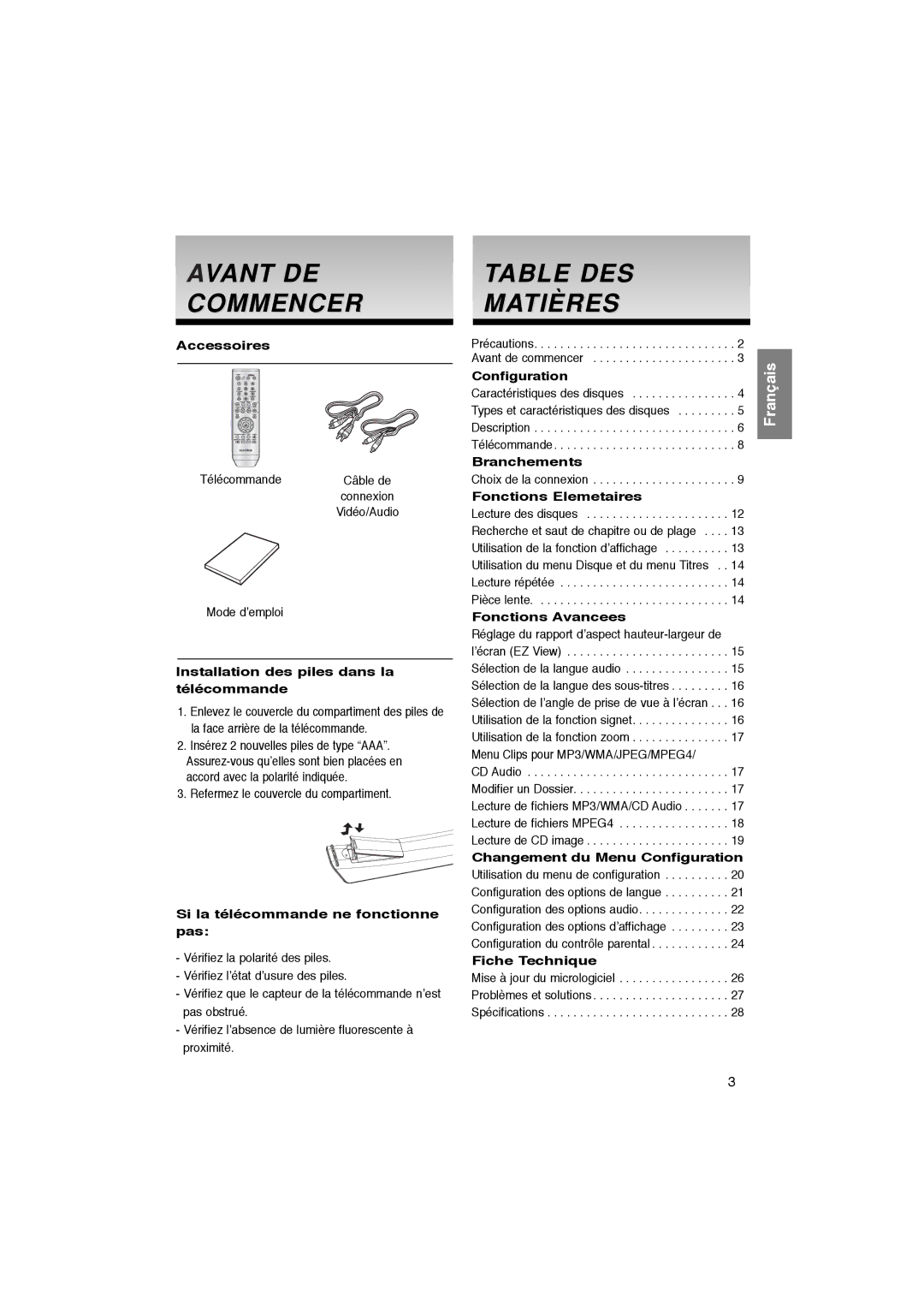 Samsung DVD-P181/EDC, DVD-P181/XEL manual Avant DE Commencer, Table DES Matières 