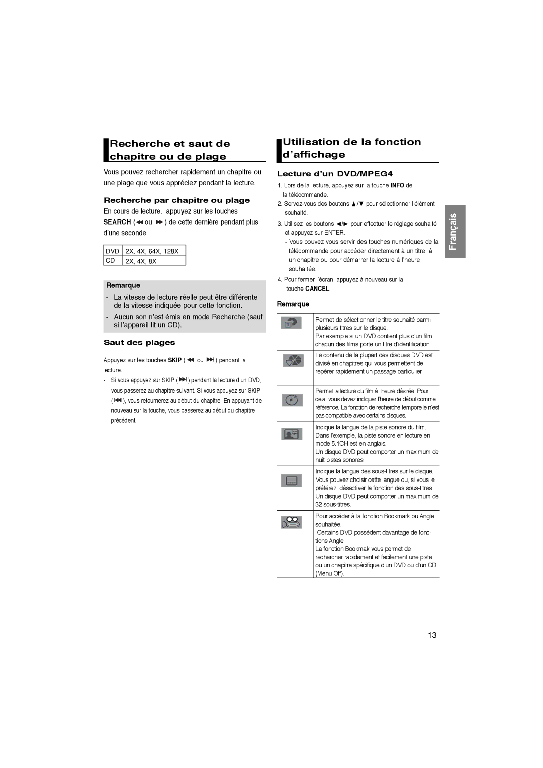 Samsung DVD-P181/EDC Recherche et saut de chapitre ou de plage, Utilisation de la fonction d’affichage, Saut des plages 