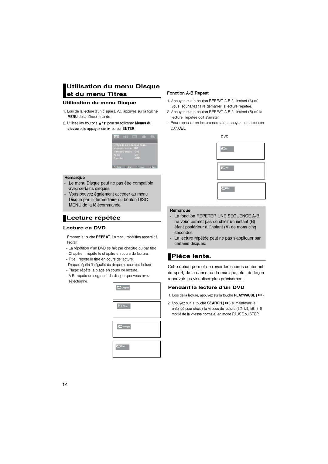 Samsung DVD-P181/XEL, DVD-P181/EDC manual Utilisation du menu Disque et du menu Titres, Lecture répétée, Pièce lente 