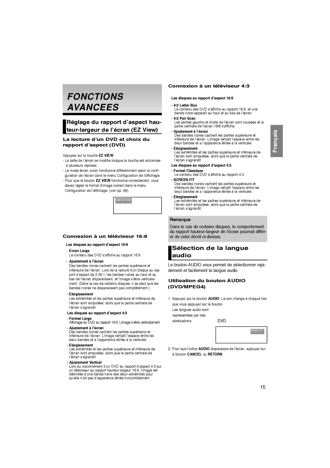 Samsung DVD-P181/EDC, DVD-P181/XEL manual Fonctions Avancees, Sélection de la langue audio, Connexion à un téléviseur 