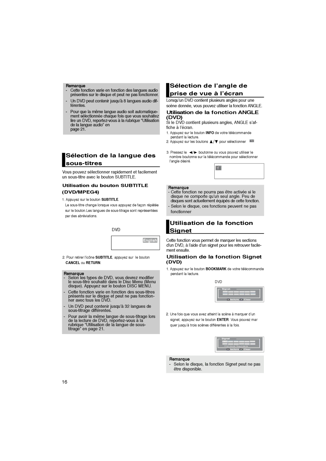 Samsung DVD-P181/XEL, DVD-P181/EDC Sélection de la langue des sous-titres, Sélection de l’angle de prise de vue à l’écran 