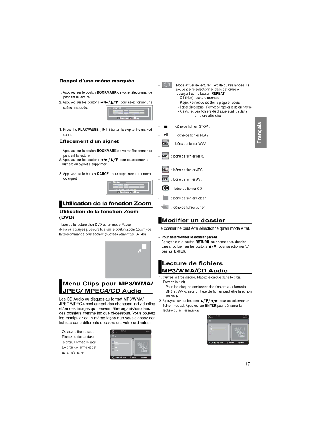 Samsung DVD-P181/EDC Utilisation de la fonction Zoom, Menu Clips pour MP3/WMA/ JPEG/ MPEG4/CD Audio, Modifier un dossier 