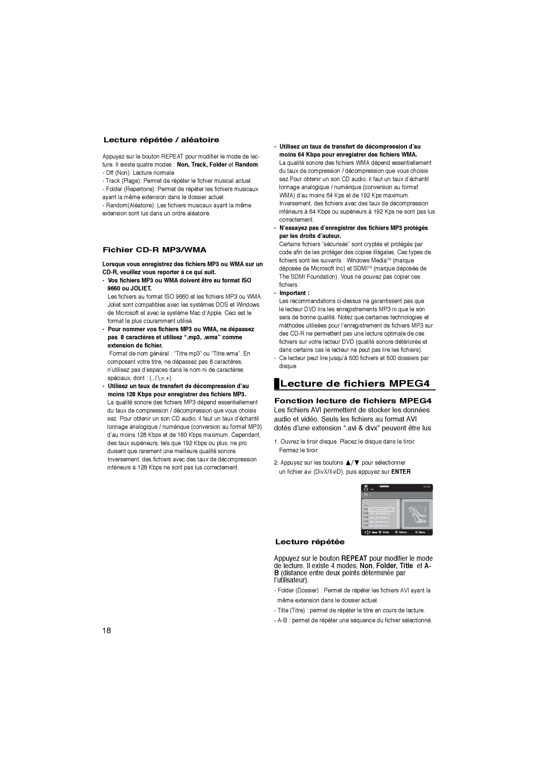 Samsung DVD-P181/XEL, DVD-P181/EDC manual Lecture de fichiers MPEG4, Lecture répétée / aléatoire, Fichier CD-R MP3/WMA 