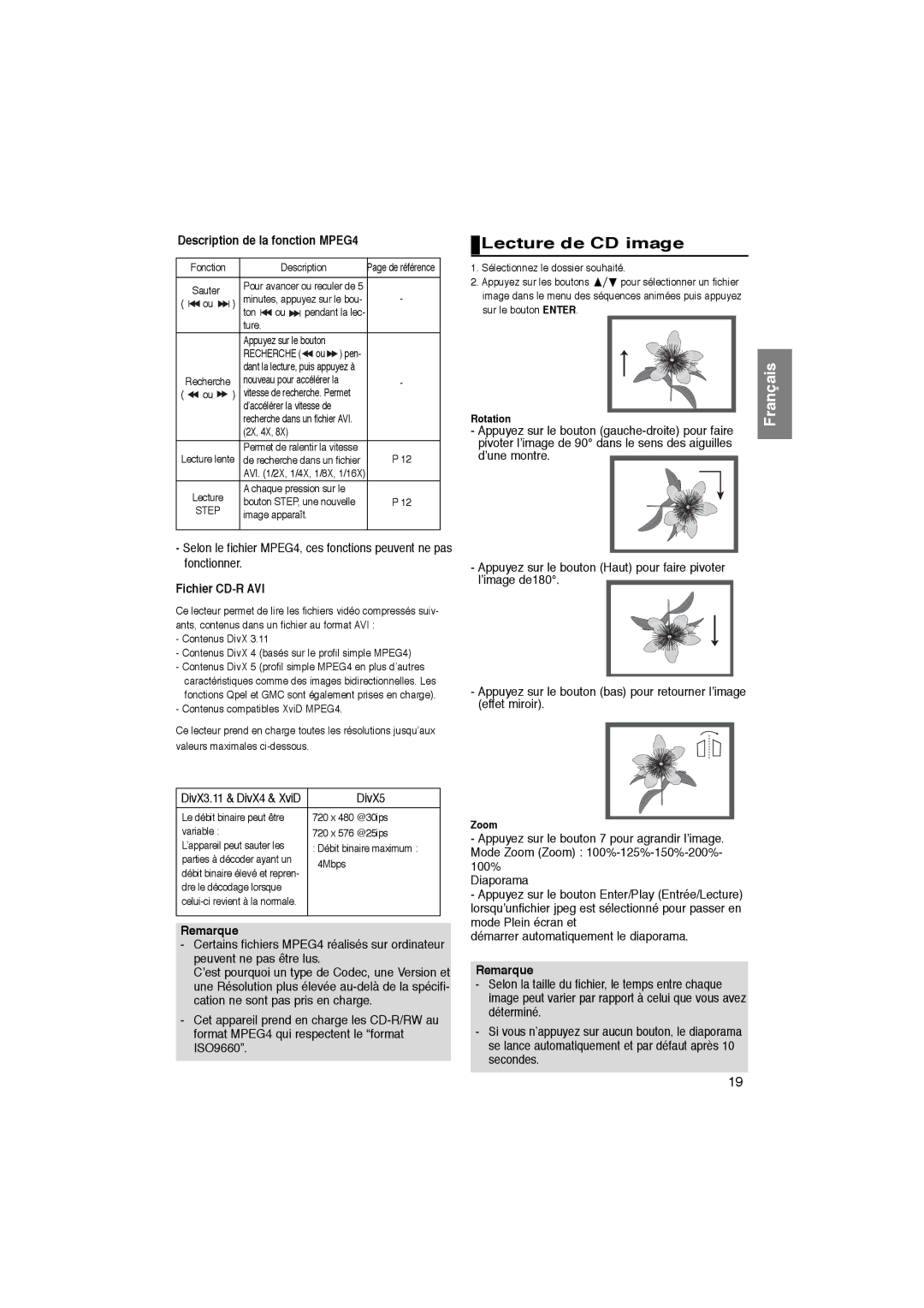 Samsung DVD-P181/EDC manual Lecture de CD image, Description de la fonction MPEG4, Fichier CD-R AVI, DivX5, Rotation 