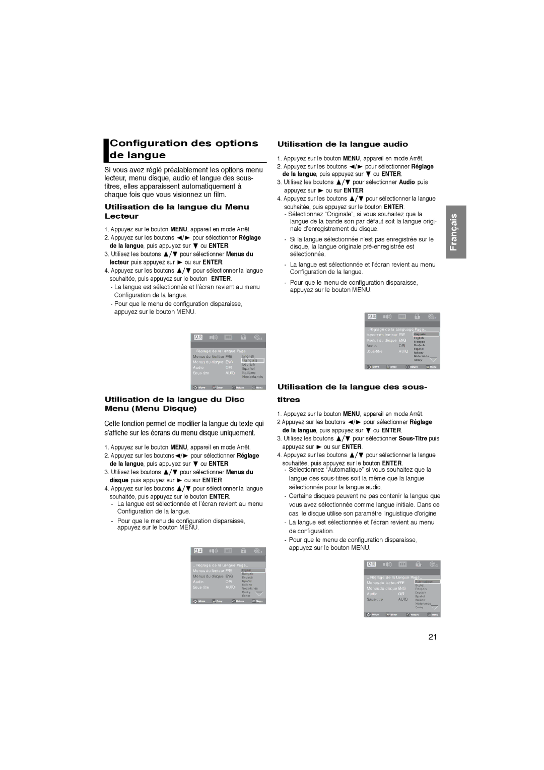 Samsung DVD-P181/EDC, DVD-P181/XEL manual Configuration des options de langue, Utilisation de la langue du Menu Lecteur 